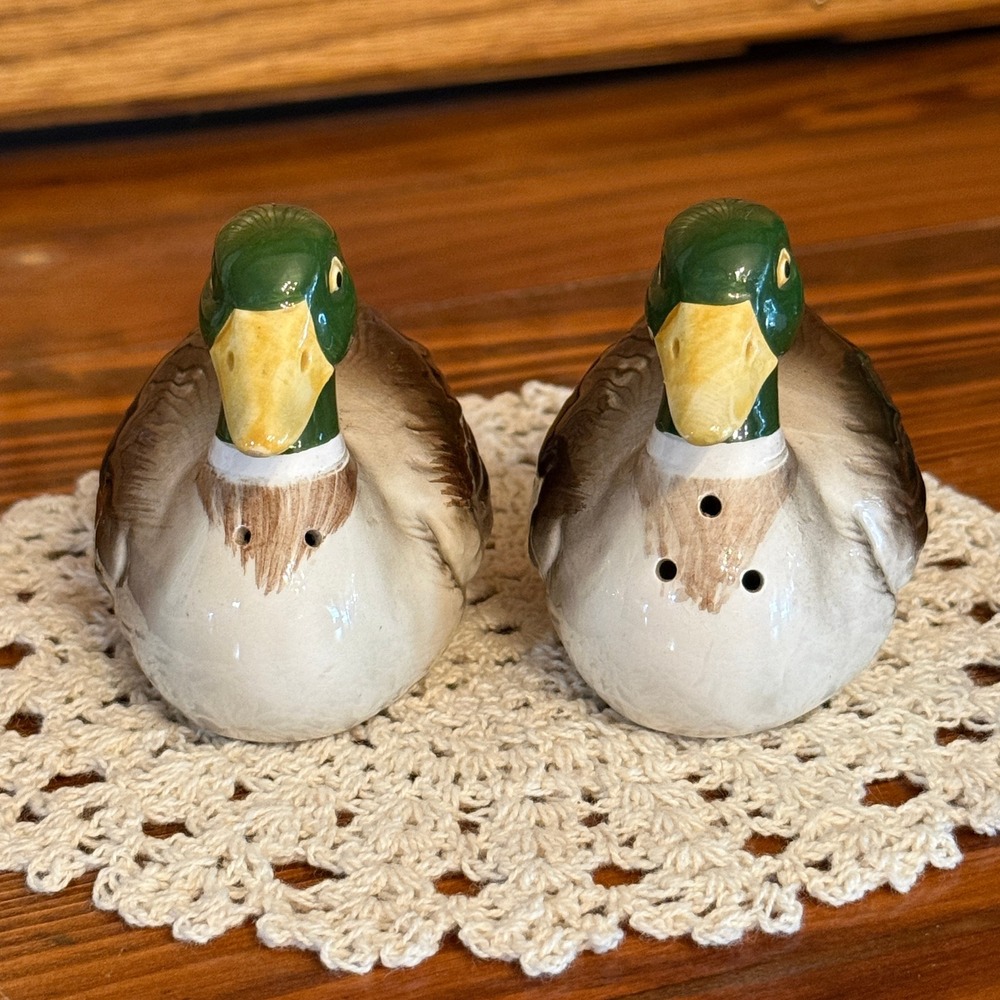 Otagiri Mallard Duck Salt Pepper Shakers Green Brown Excellent 1981